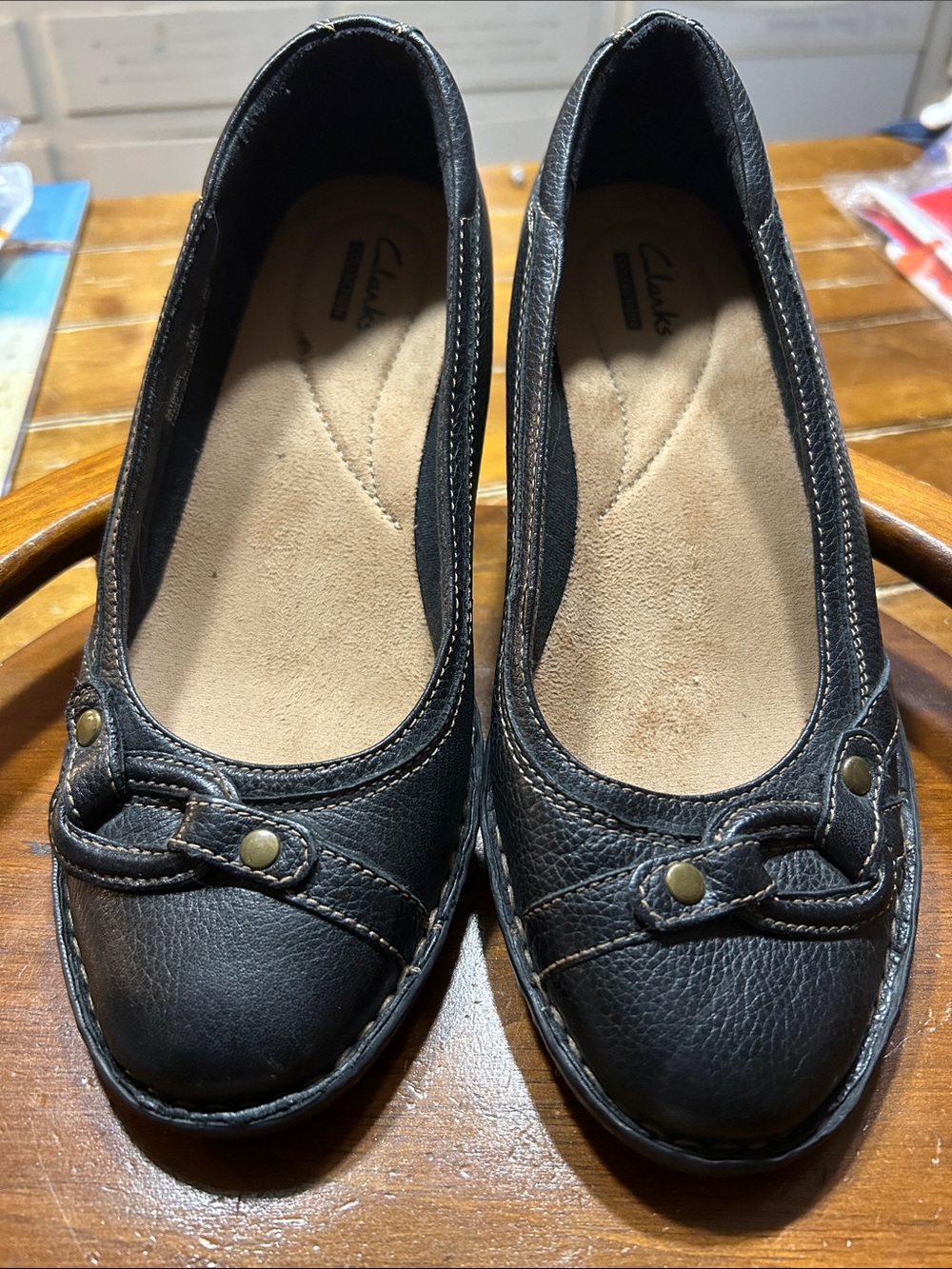 Clarks Black Leather Slip-On Loafers with Brass Accents 7.5